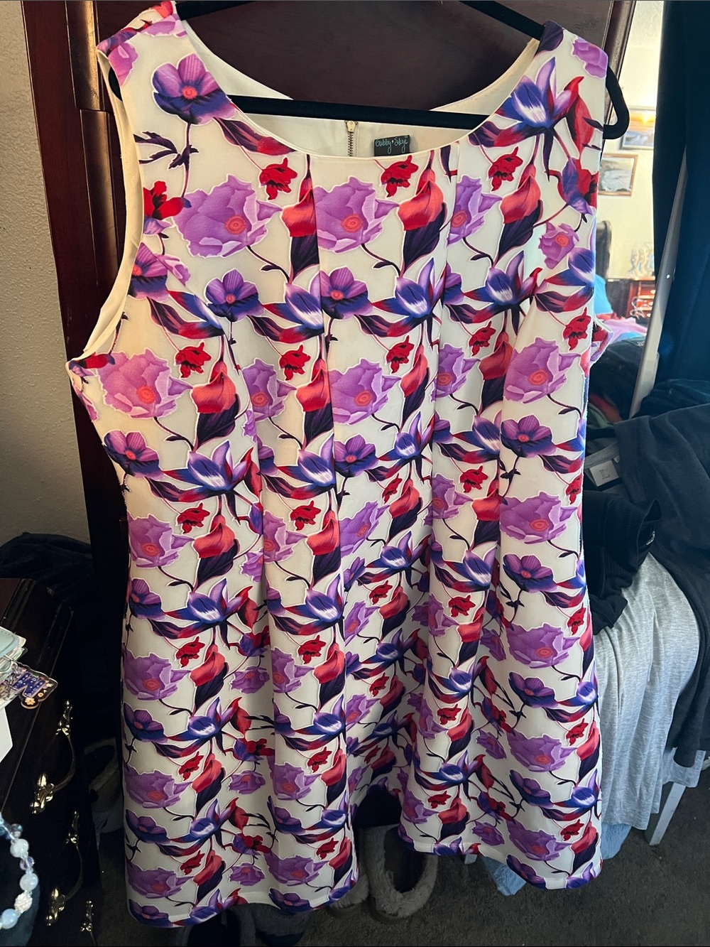 Gabby Skye White Midi Dress with Purple & Red Floral Print